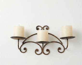 Vintage Wrought Iron 3 Cup Wall Sconce Candelabra Gold Patina Twisted Scroll 15"