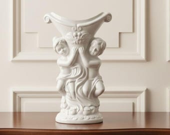 Vintage White Cherubs Porcelain Vase Planter 14 in Mid Century Hollywood Regency
