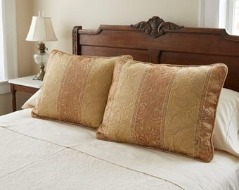 Set of 2 Vintage JC PENNEY Standard Pillow Shams Gold Brocade Damask Stripe PAIR