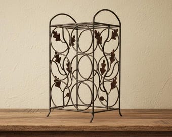 Heavy Wrought Iron Wine Rack 6 Bottle Holder Rust Leaf Accents Vintage Shelf