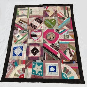 Handmade Crazy Quilt 60 x 76 Velvet Lace Embellished Hand Quilted Pieced Chicken Track Embroidery Wall Hanging Made by Mom Vintage