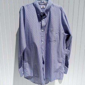 LACOSTE Dress Shirt Men&#39;s 44 XL X Large Long Sleeve Blue White Striped Alligator Logo on Pocket Classic