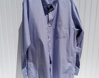 LACOSTE Dress Shirt Men&#39;s 44 XL X Large Long Sleeve Blue White Striped Alligator Logo on Pocket Classic