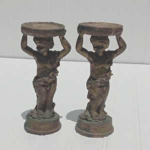 Cherub Candle Holders Bronze Gold Antique Finish Vintage MCM Candlesticks Heavy Ceramic PAIR French Home Decor Hand Cast Angels Cherubs