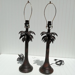 Pair of Palm Tree Table Lamps 28 inch 3-Way Vintage Resin Tropical Beach Jungle Nautical Trees Vintage Brown Bronze