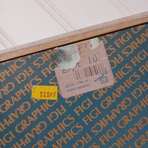 May include: A teal backing board with a repeating pattern of the text FIGI GRAPHICS in tan. A rectangular sticker with a barcode and the text FASHION LEADER IN WALL DECOR is partially torn. A small yellow sticker with dollar signs is attached.