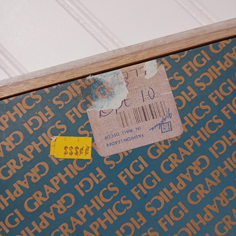 May include: A teal backing board with a repeating pattern of the text FIGI GRAPHICS in tan. A rectangular sticker with a barcode and the text FASHION LEADER IN WALL DECOR is partially torn. A small yellow sticker with dollar signs is attached.
