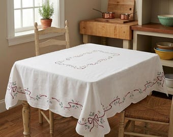 Vintage Christmas Tablecloth Embroidered Ribbon Holly Scalloped Edge 99x65 Retro