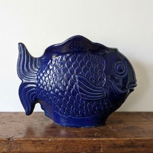 Vintage Cobalt Blue Fish Planter 19-inch Large Flower Pot Ceramic Pottery Crazed