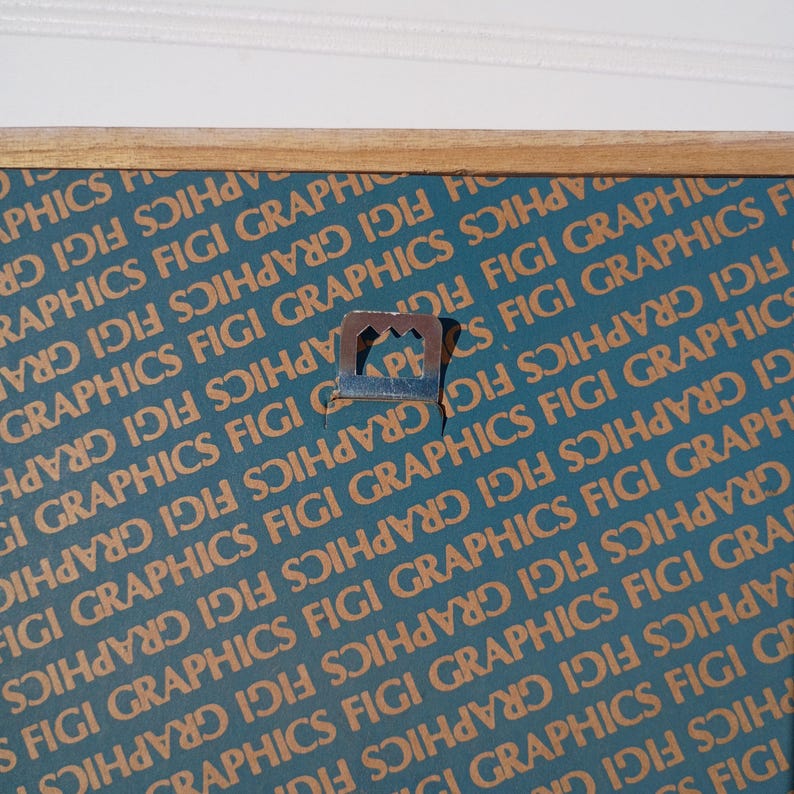 May include: Close-up of a picture frame with a teal and brown patterned background. The frame has a wooden border and a metal sawtooth hanger attached to the back for wall mounting. The background has the text "GRAPHICS FIGI" repeated.