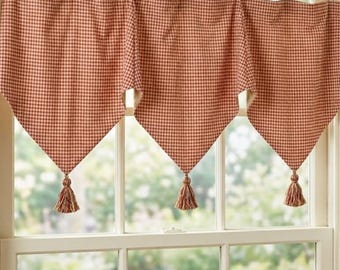 Vintage French Country Plaid Pendant Curtain Valance Set of 2 Red Gingham Pair