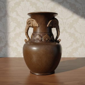 Vintage Large Elephant Handle Ceramic Vase 14" Earthy Brown Glaze Signed #297