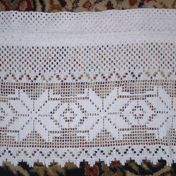 Vintage 3 Piece Lace Curtain Valance Set White Stars Snowflakes Rod Pocket Tapered Left and Right Curtains Primitive Antique Decor Homemade?