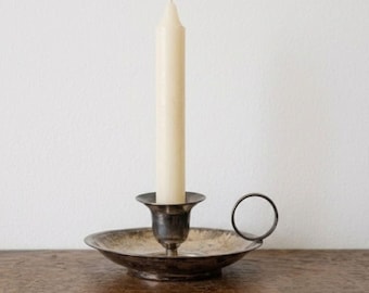 Vintage Silverplate Chamberstick Saucer Candle Holder Ring Handle Taper 4.75"