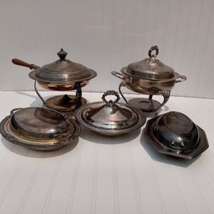 LOT OF 5 Vintage Silverplate Silver Plated Serving Dishes Serve Ware Chafing Dish Lidded Handles Catering Entertaining