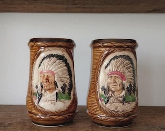 Vintage Ceramic Native American Salt & Pepper Shakers Indian Chief Made in Japan MCM