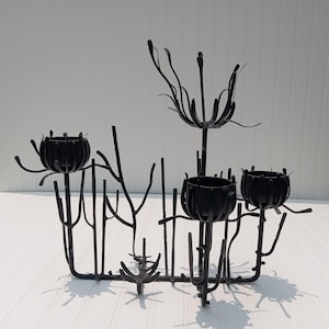 Art Deco Black Hand Forged Heavy Iron Candelabra Centerpiece Branch Twig MCM Home Decor Unique Gothic Handcrafted Vtg Metal Candle Holder