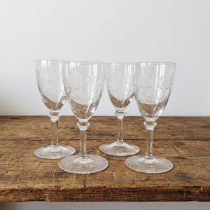 Vintage Frosted Rose Etched Miniature Wine Cordial Glasses Small Barware 4pc