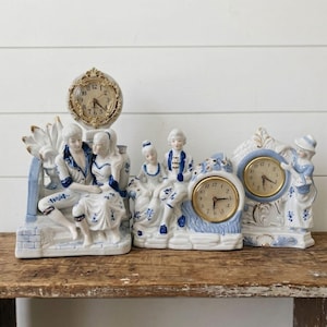 Blue and White Porcelain Figurine Clocks Lot of 3 Colonial Courting Couple AS IS