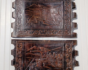 Vintage Tooled Leather Chair Seat & Back: MCM Warrior Auminahui Defensda de Quito