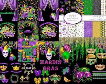 Mardi Gras Clip Art Bundle, 12 Paper Pack Set, Beads Masks Jesters, Purple Green Gold,  41 ClipArt, 12 Seamless Papers, Balloons,