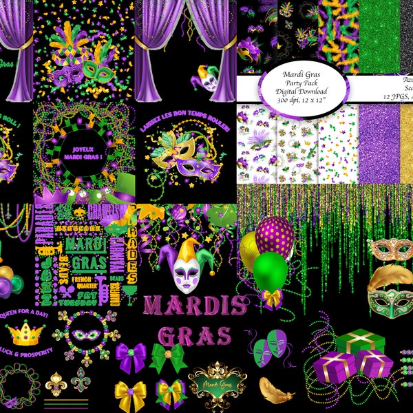 Mardi Gras Clip Art Bundle, 12 Paper Pack Set, Beads Masks Jesters, Purple Green Gold,  41 ClipArt, 12 Seamless Papers, Balloons,