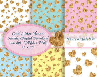 Glitter Gold Heart Papers, Pastel Gold Instant Download, Valentine Repeat Pattern, 6 Digital JPGs,  1 Transparent PNG, Gold Sparkle Hearts