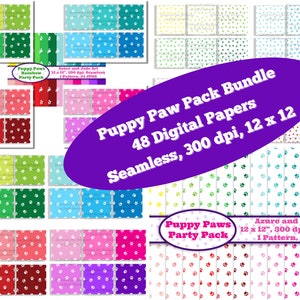 Bundle of 48 Colorful Dog Paw Print Papers: Large and Small Paw Designs | Seamless Animal Print | Commercial Use | 48 JPGs | Rainbow Theme