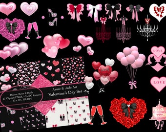 Valentine's Day Clipart and Background Set, Valentine Digital Paper, Hearts, Balloons, High Heels, Printable Scrapbook Paper, Heart sparkle