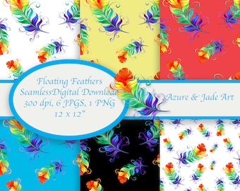 Rainbow Seamless Pattern, Bright Feathers Paper Set, Digital Paper, Colorful feathers, Instant Download, 6 Jpeg, 1 PNG, Primary Colors