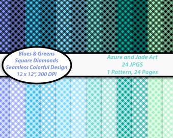 24 Gingham Papers, Periwinkle Pattern, Blue Green Check Papers, Digital Seamless Pattern, White Black Check, Commercial Use, Pastel Diamonds
