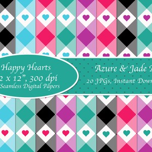 Puede incluir: Veinte diseños de papel digital con un patrón repetitivo de formas de diamantes coloridos con pequeños corazones en el centro. Los papeles miden 30,48 cm por 30,48 cm y 300 dpi. El texto "Happy Hearts" y "Azure & Jade Art" está incluido en la imagen.