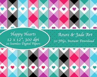 20 Gingham Heart Design, Valentine Craft Papers, Commercial Use,  Checked Background, Heart and Plaid Pattern, Seamless, Digital Download