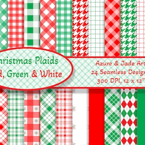 Puede incluir: Un conjunto de 24 diseños de papel digital con patrones de cuadros navideños en rojo, verde y blanco. Los patrones son sin costuras y perfectos para proyectos de manualidades, scrapbooking y diseño digital. El texto "Christmas Plaids Red, Green & White" y "Azure & Jade Art 24 Seamless Designs 300 DPI, 12 x 12" está incluido en la imagen.