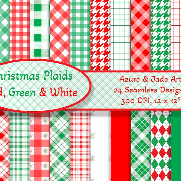 Christmas Plaid Digital Paper, 24 Red Green & White Christmas Papers, Digital Plaid Paper, Commercial Use, Holiday Wrapping and Craft Paper