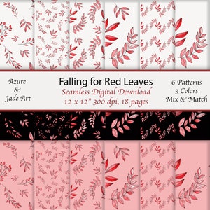 Fall Leaves Digital Paper Set, 18 Digital Papers, 6 Patterns with 3 Colors, Red Leaves with White, Black Pink Backgrounds, Autumn, Instant