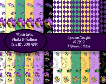 Mardi Gras Digital Paper, 24 JPGS, Purple Masks, Gold Green Masks, Feathers, Seamless, Diamond Pattern, Purple Green Gold, Fat Tuesday