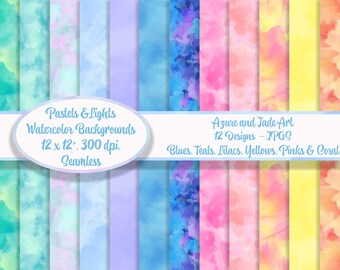 Pastel Watercolor Background Digital Papers | 12 High-Resolution Seamless Patterns in Blues, Greens, Yellows, and Pinks |