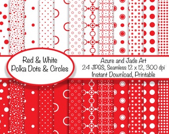 24 Red and White Polka Dot Patterns, Polka Dots Digital Paper, Red and White Circles, Geometric Patterns, Back to School, High School colors