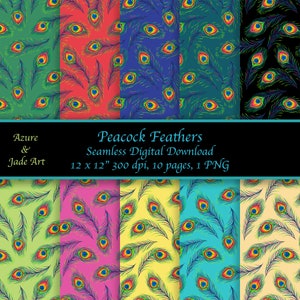 Peacock Feathers Seamless, Colorful Peacock Digital Papers, Fun digital paper set,  10 Set Digital Instant Download, Printable, Plus 1 PNG