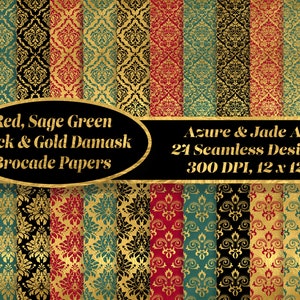 May include: A set of 21 digital paper designs featuring damask patterns in red, sage green, black, and gold. The papers are 300 DPI and 12 inches by 12 inches.