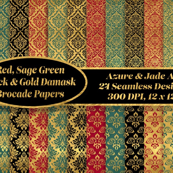 Damask Brocade Digital Papers - 24-Pack - Red, Sage Green, Black, Gold  - Elegant Seamless Patterns - Instant Download - Gold Metallic