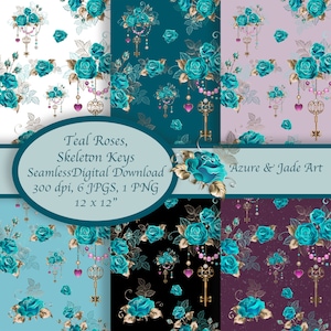 May include: Six digital paper patterns featuring teal roses, gold skeleton keys, and pearls on various backgrounds, including white, teal, pink, black, blue, and purple. The text "Teal Roses, Skeleton Keys Seamless Digital Download 300 dpi, 6 JPGS, 1 PNG 12 x 12" and "Azure & Jade Art" are included in the image.