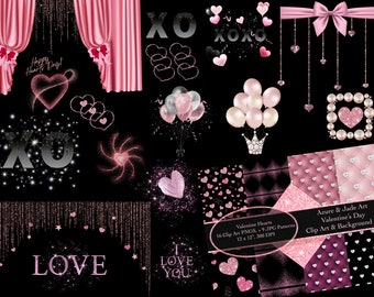 Valentine's Day Hearts, Clipart Background Set, Valentine Digital Paper, Hearts, Balloons, Sparkles, Printable Scrapbook Paper, Love
