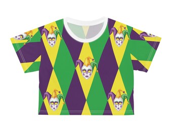 Mardi Gras Crop Top: Jester Mask, Diamond Print Carnival Tee