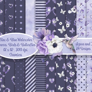 24 carte floreali acquerello viola e blu, farfalle e colibrì Scarica, mescola e abbina design lilla, texture acquerelli digitali