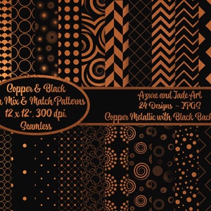 May include: A set of 24 digital paper designs featuring copper metallic patterns on a black background. The patterns include geometric shapes, circles, and swirls. The papers are 12 inches by 12 inches and 300 dpi.