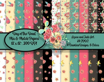 Digitalt papperspaket med de dödas dag | 24 sömlösa designer för hantverk och projekt | Mexikansk konst med sockerskalle | DIY-papper med Dia de los Muertos