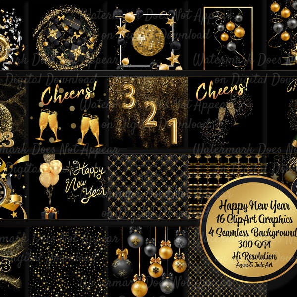 2023 New Years Clip Art Set, Celebration 2023 Digital, Instant download,  Glam Black Gold, 16 Clip Art, Commercial, 4 Seamless Backgrounds,