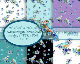 Bluebirds Flowers Digital Download, Blue birds, Purple Flowers and Blooms, Seamless Bird Pattern, Lilac flowers, blue butterflies, Printable